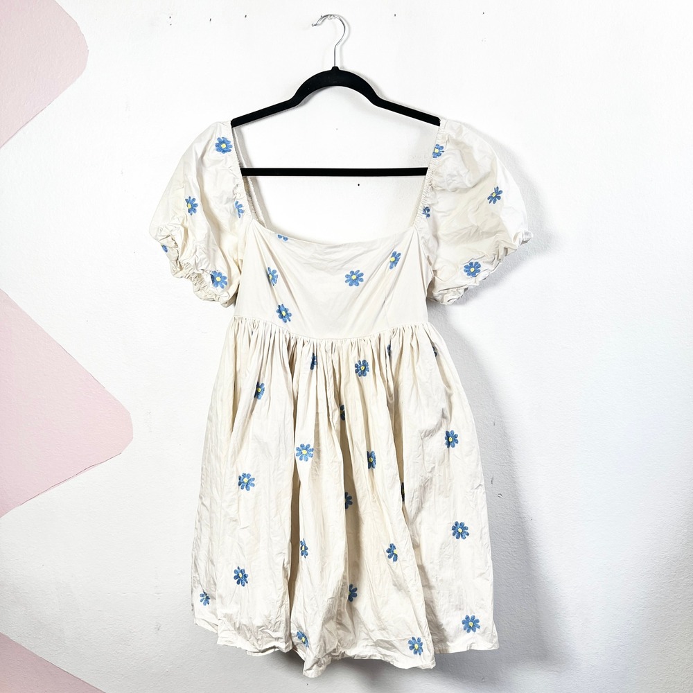 Mable‎ Floral Babydoll Mini Dress Sz Medium Puff Sleeve Picnic Cottagecore